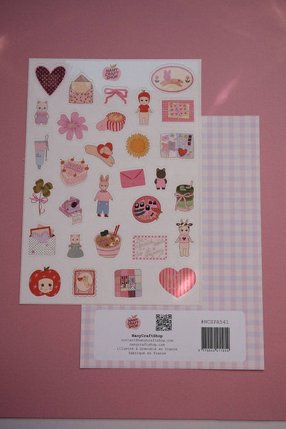 A5 mini sticker sheet with cute icons—hearts, rabbits, envelopes, flowers, food on white