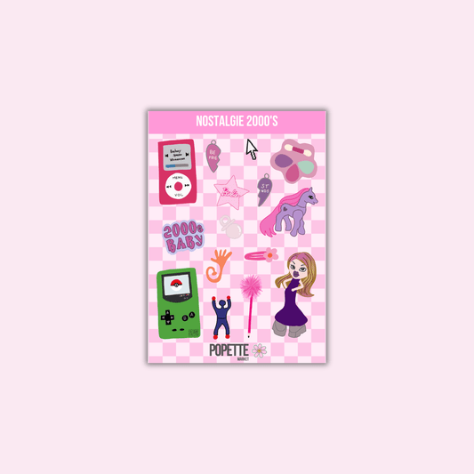 A6 sticker sheet with pink 2000s-themed cartoon icons and characters