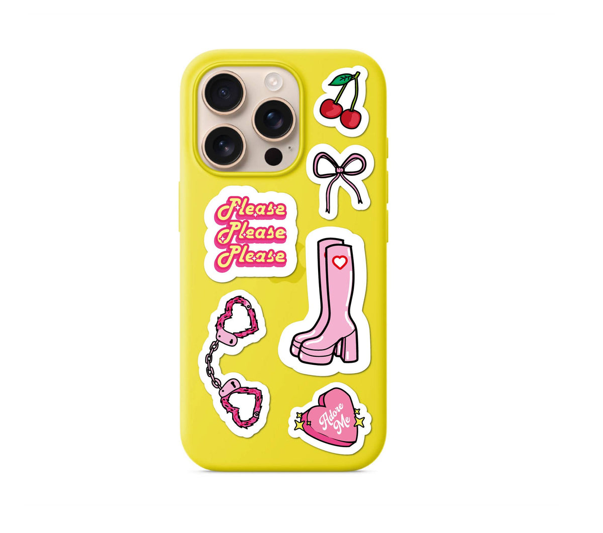 Yellow phone case with sticker decals of bows, boots, cherries, and heart-shaped phrases