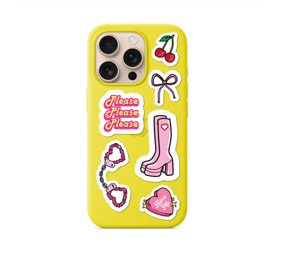 Yellow phone case with sticker decals of bows, boots, cherries, and heart-shaped phrases