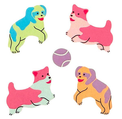 Pastel dog character stickers with fetch poses and purple ball on white