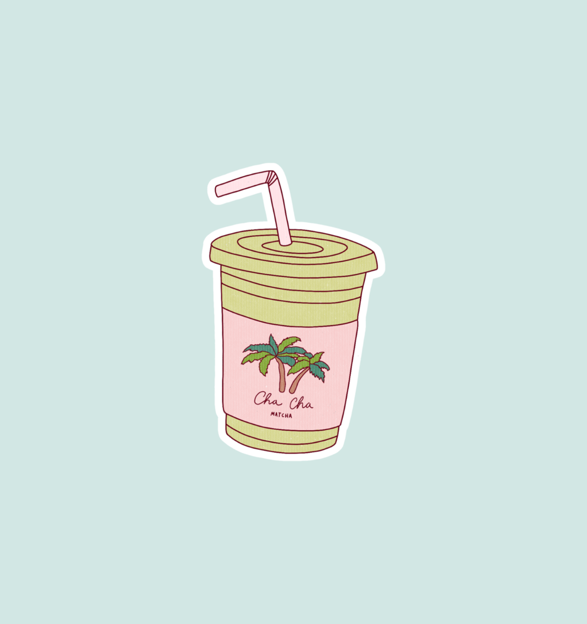 Holographic matcha sticker of a matcha tea cup with straw and green leaves