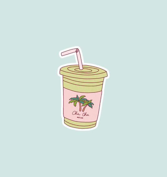 Holographic matcha sticker of a matcha tea cup with straw and green leaves