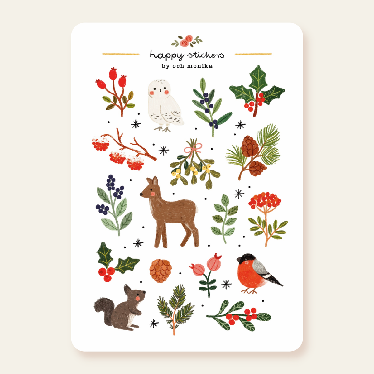Winter nature sticker sheet featuring deer, owl, robin, holly, pine, and berry stickers