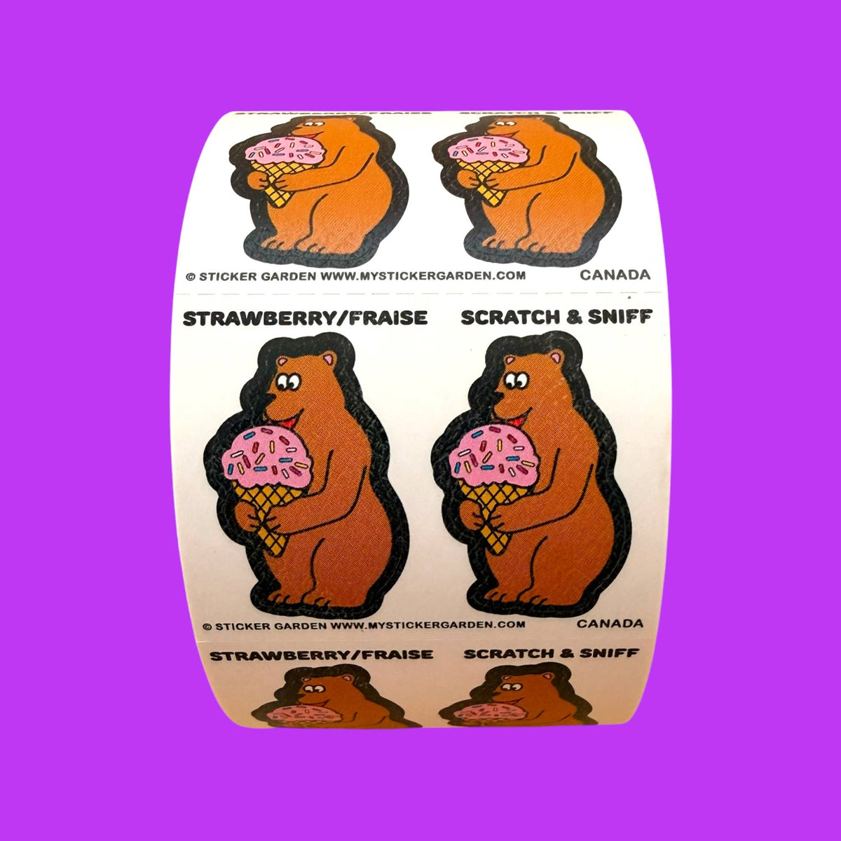 Scratch and sniff bear sticker sheet with strawberry treats, 4 designs