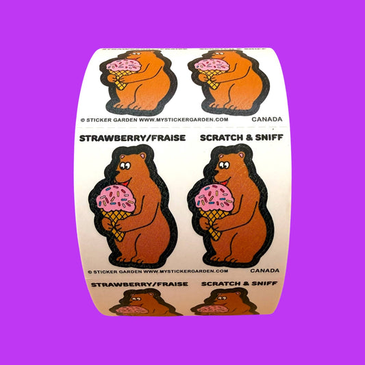 Scratch and sniff bear sticker sheet with strawberry treats, 4 designs