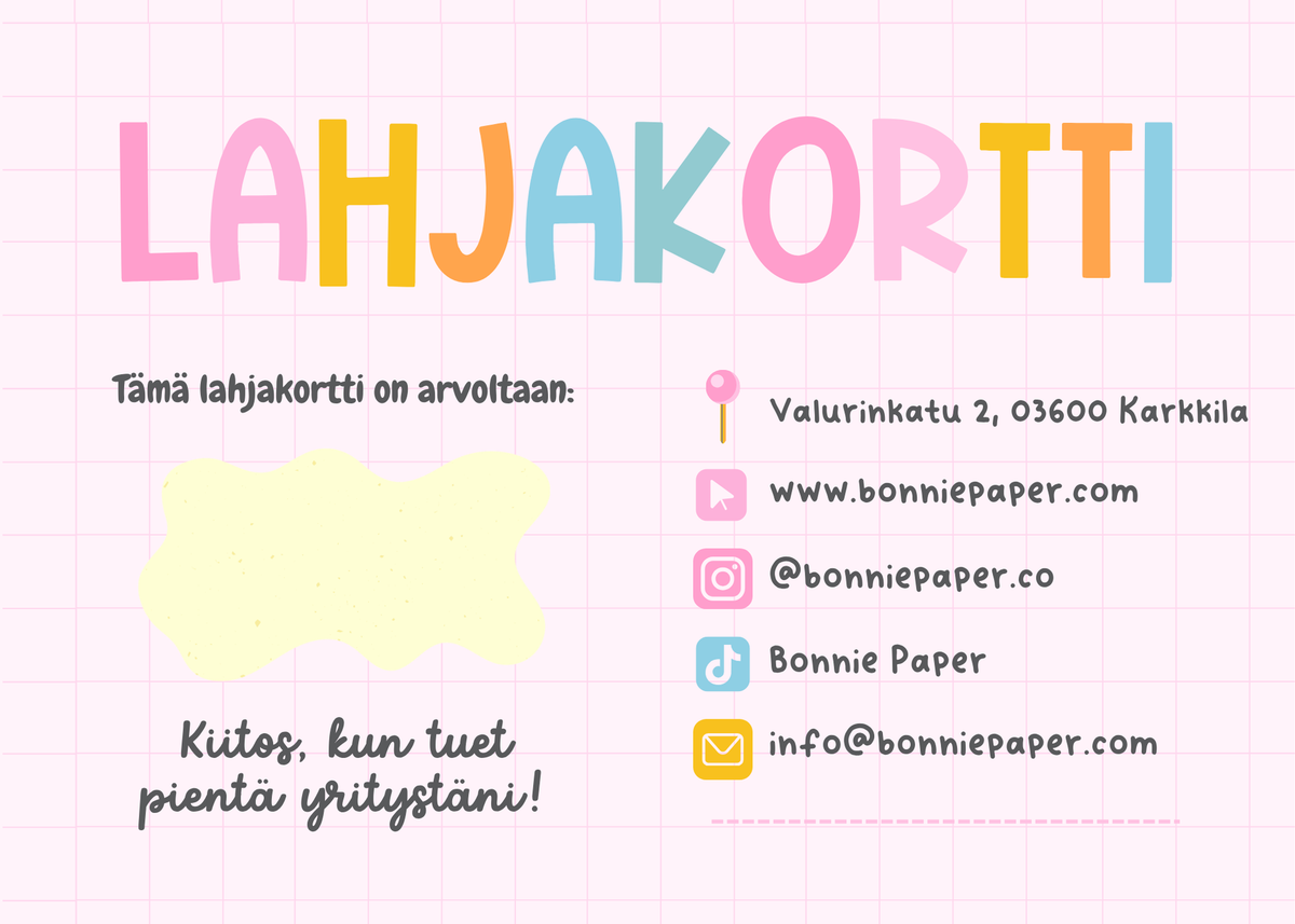 Gift card with pastel cloud graphic, pink and yellow lettering, and contact icons.