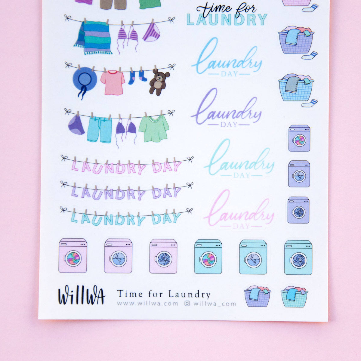Laundry sticker sheet with laundry day phrases, washing cycle icons, and hanging clothes