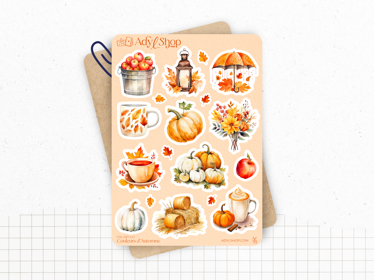 Autumn-themed sticker sheet with cups, pumpkins, leaves, and fall icons