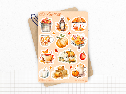 Autumn-themed sticker sheet with cups, pumpkins, leaves, and fall icons