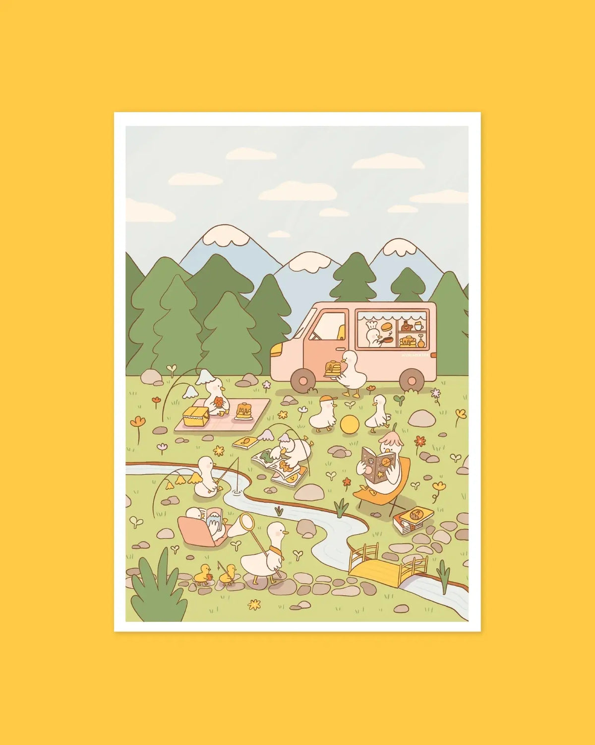 A6 poster, front view: cartoon friends picnic on grass with trees and mountains