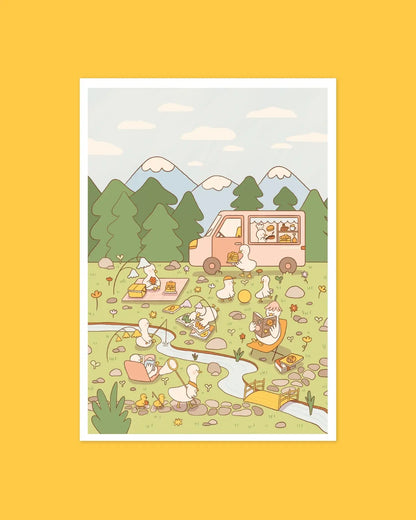 A6 poster, front view: cartoon friends picnic on grass with trees and mountains