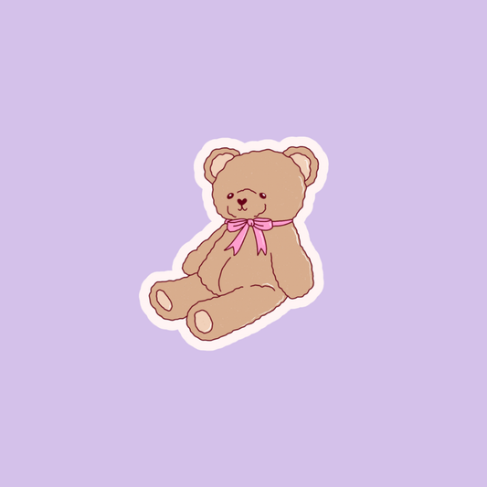 Holographic teddy bear sticker, brown bear with pink bow
