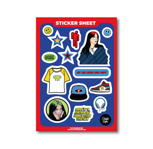 A5 sticker sheet with stars, smiley, characters, and clothing icons