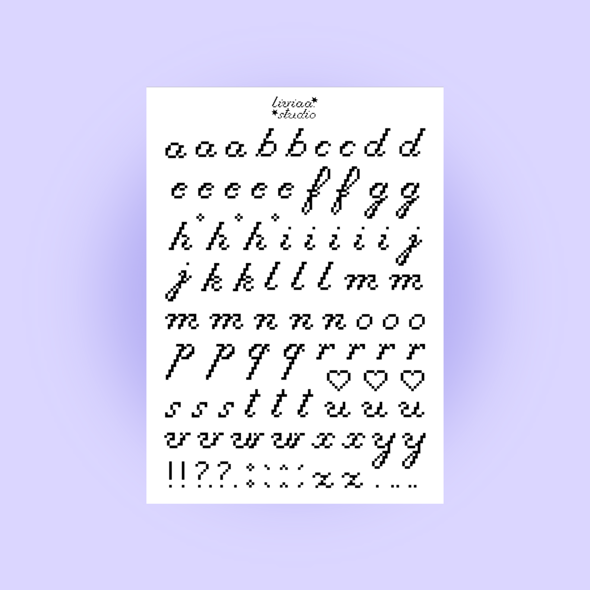 A5 sticker sheet with pixel-style letters, numbers, symbols, and heart icons in black