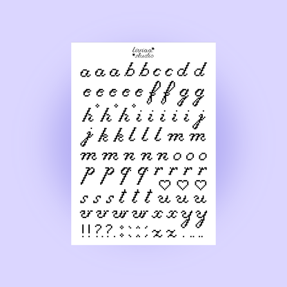 A5 sticker sheet with pixel-style letters, numbers, symbols, and heart icons in black