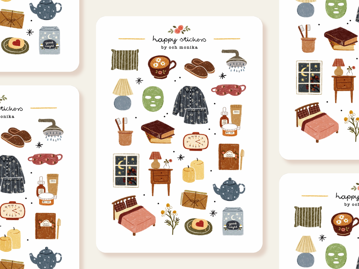 Bedtime sticker sheet with pajamas, teapot, slippers, and nightstand icons