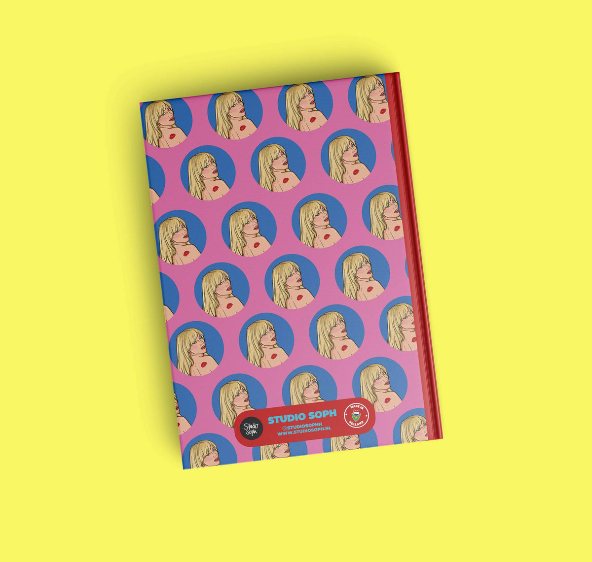 A5 notebook cover with purple circular face pattern and “NOTES” text in a green badge.