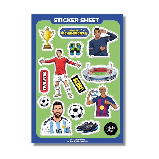 A5 soccer sticker sheet with trophy, players, soccer balls, and scoreboard icons