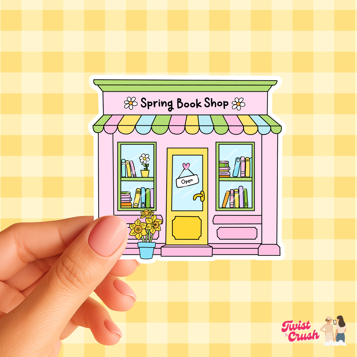 Spring Book Shop sticker sheet featuring a pastel shopfront illustration