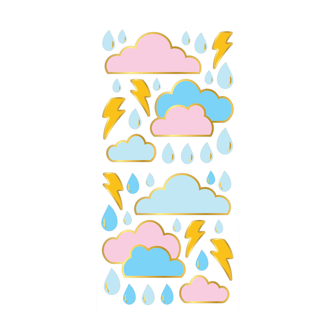 Pastel weather sticker sheet with repeating clouds, lightning, and raindrop icons