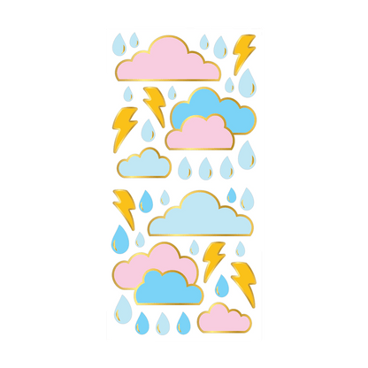Pastel weather sticker sheet with repeating clouds, lightning, and raindrop icons