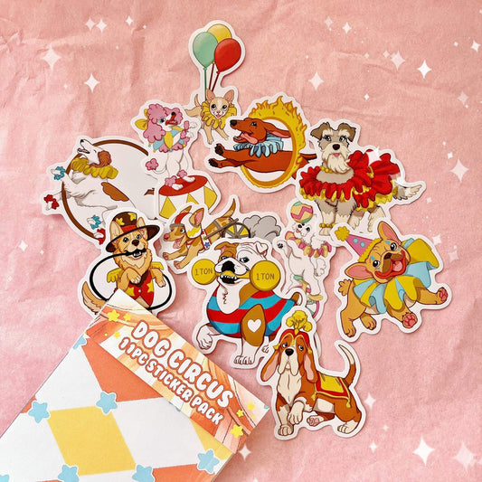 Dog circus vinyl sticker sheet with multiple large dog stickers, including balloon and ringmaster