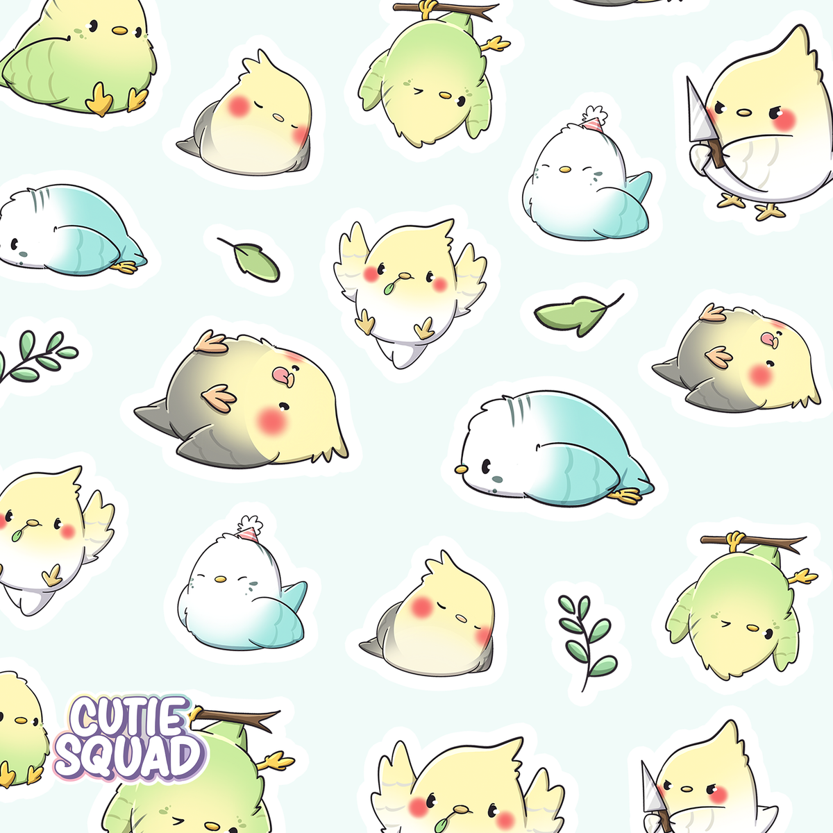 Close-up of pastel bird sticker sheet with small character stickers and leaves