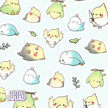 Close-up of pastel bird sticker sheet with small character stickers and leaves
