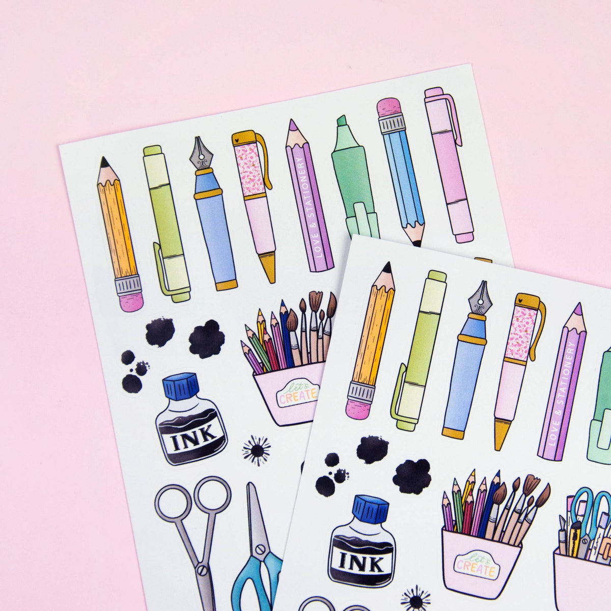 Planner pens and tools sticker sheet with colorful pencil and pen icons