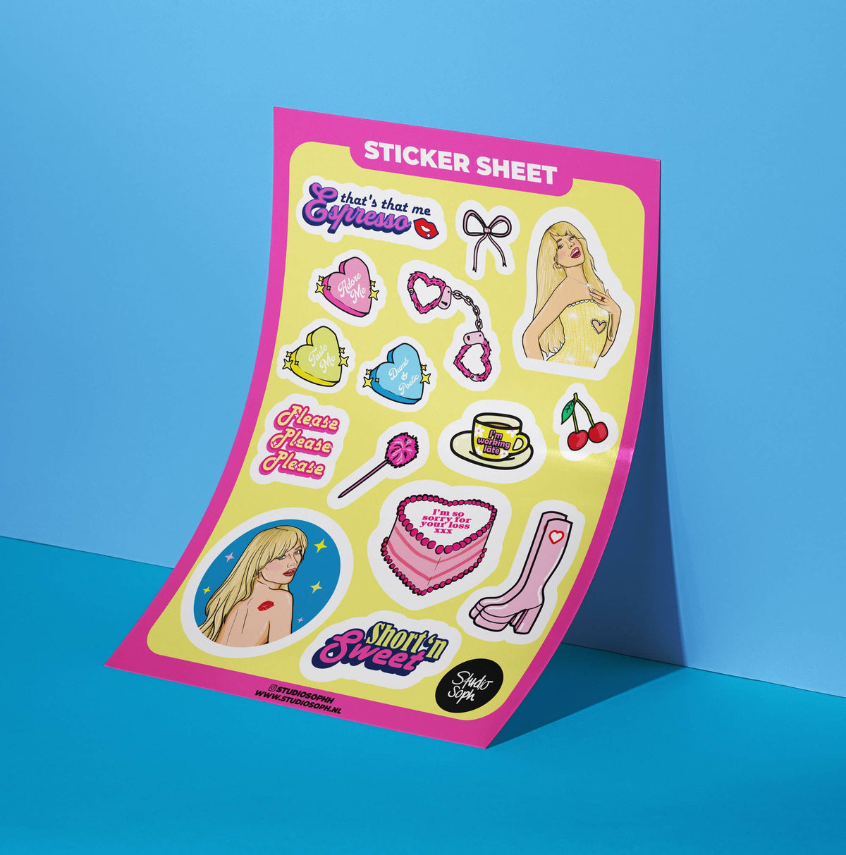 A5 sticker sheet with cute fashion icons, girl portrait, cake, boots, and bows