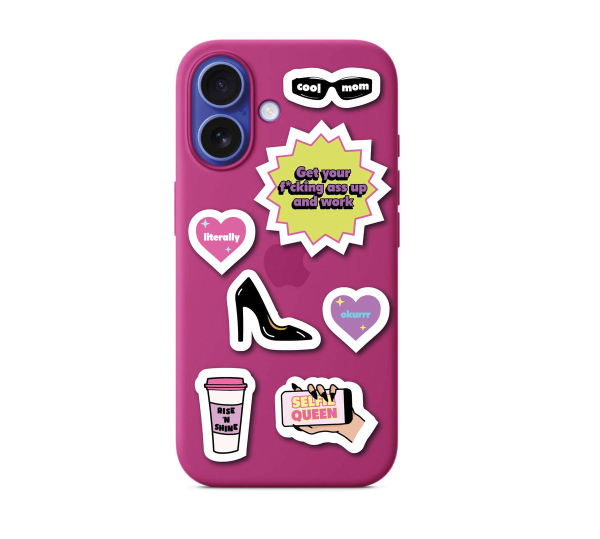 Sticker-covered phone case with heart and badge icons, drink cup, and camera cutouts