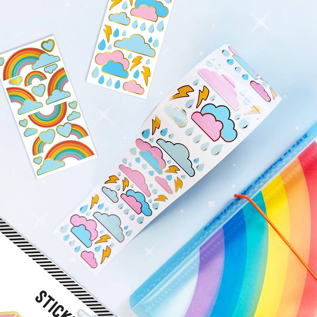 Pastel weather sticker sheets with clouds, lightning, and raindrop icons