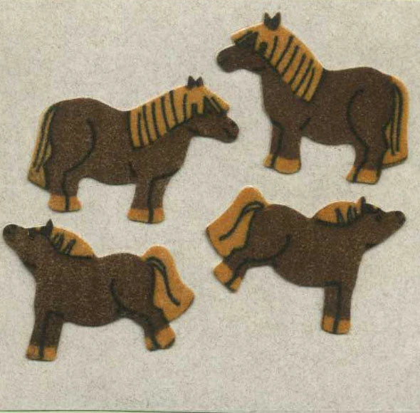 Fuzzy finish pony sticker roll, brown cartoon ponies with yellow-striped manes and tails