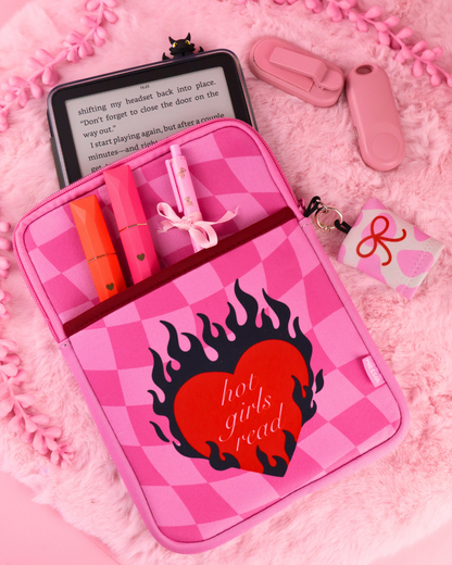 Pink checkered e-reader sleeve with zip, open view and flame-heart logo