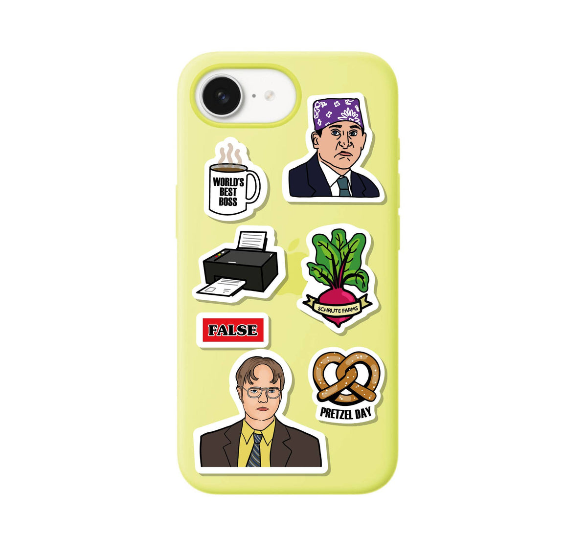 Sticker set on light yellow phone case, featuring characters, pretzel ban, fact/false icons