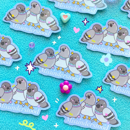 Misunderstood pigeon sticker set, die-cut cartoon birds with hearts and stars
