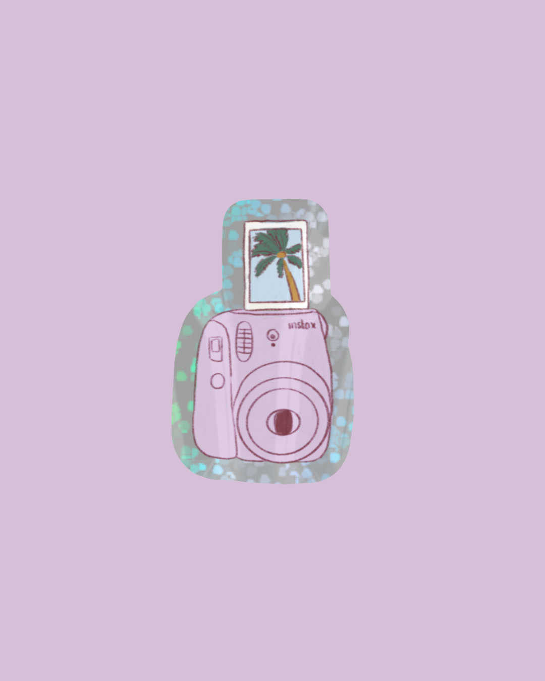 Summer polaroid sticker shaped like a pink camera with palm tree photo