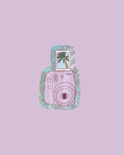 Summer polaroid sticker shaped like a pink camera with palm tree photo