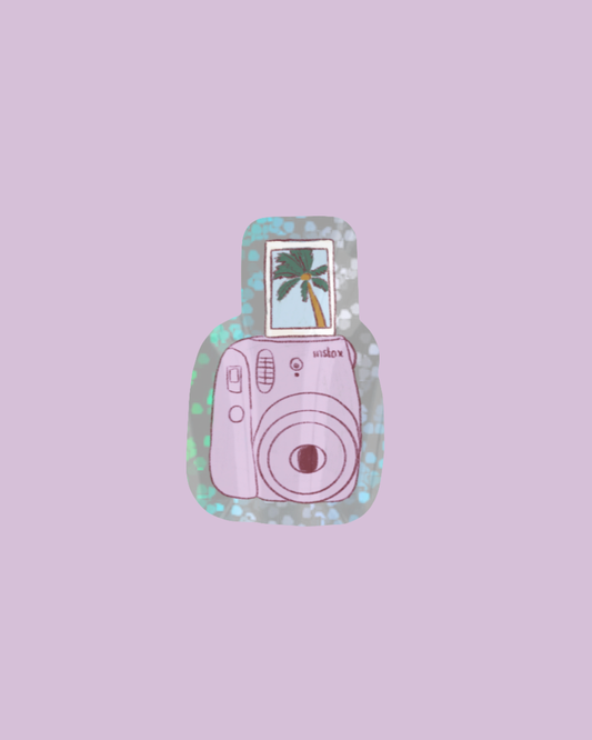 Summer polaroid sticker shaped like a pink camera with palm tree photo