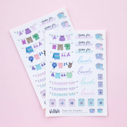 Set of two laundry sticker sheets with clothesline, laundry day text, and washing icons
