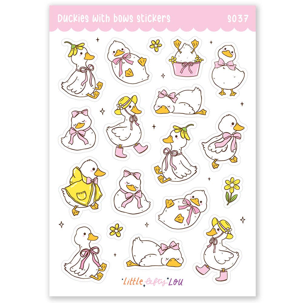Duck sticker sheet with bows and flowers, matte white vinyl