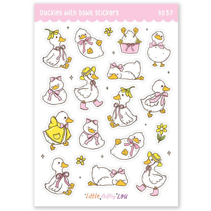 Duck sticker sheet with bows and flowers, matte white vinyl