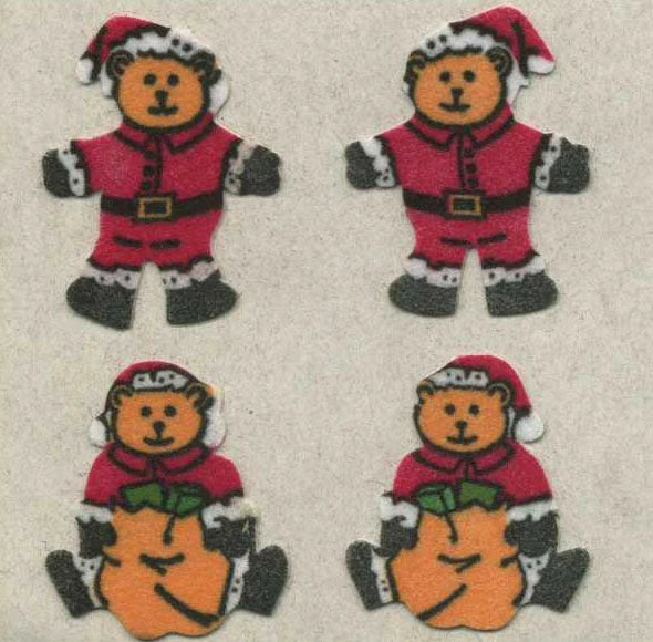 Fuzzy finish teddy santa sticker roll with four bear figures in red suits