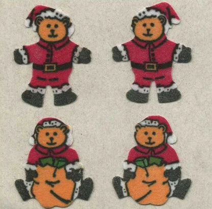 Fuzzy finish teddy santa sticker roll with four bear figures in red suits