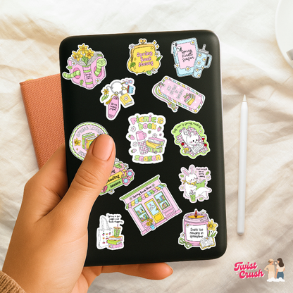 Book lover vinyl sticker sheet on black background with assorted book-themed stickers