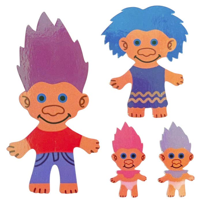 Vintage troll character stickers with one large blue-haired troll and three small purple-haired trolls