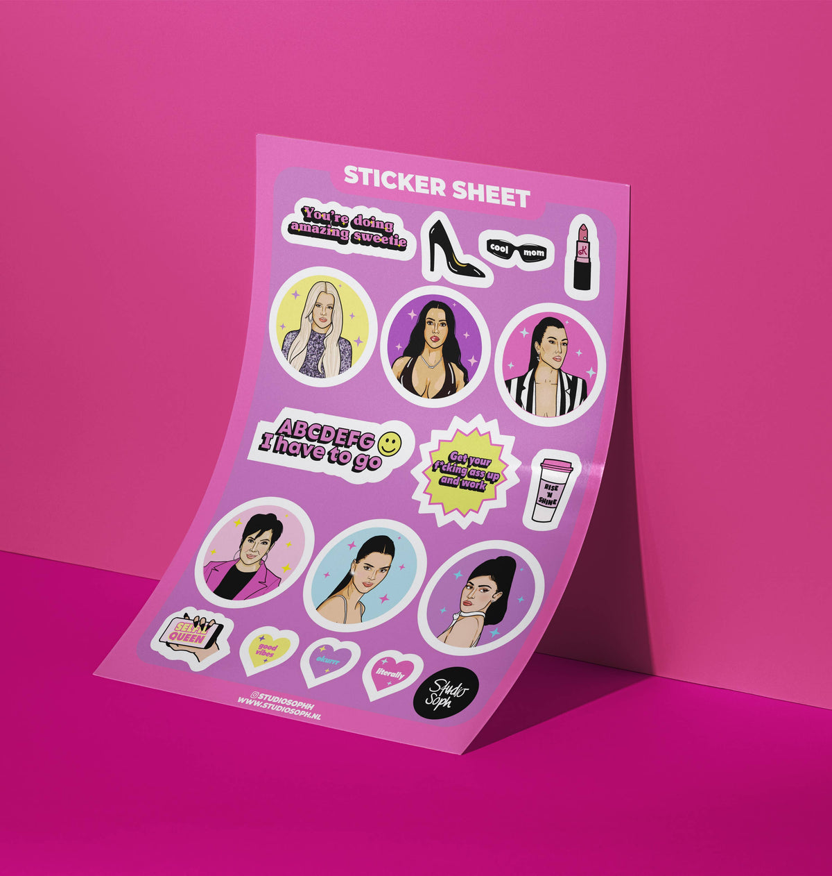 A5 sticker sheet angled view with portrait circles, badge bursts, hearts, and cup stickers