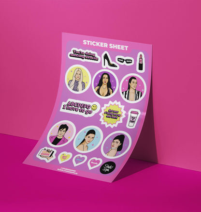 A5 sticker sheet angled view with portrait circles, badge bursts, hearts, and cup stickers