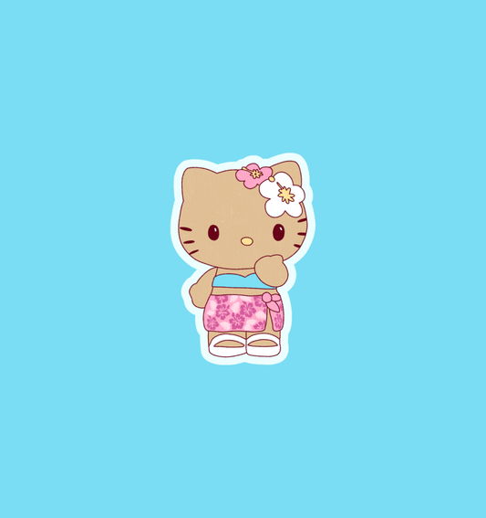 Holographic Hawaiian sticker of a cat with pink flower crown and floral shirt
